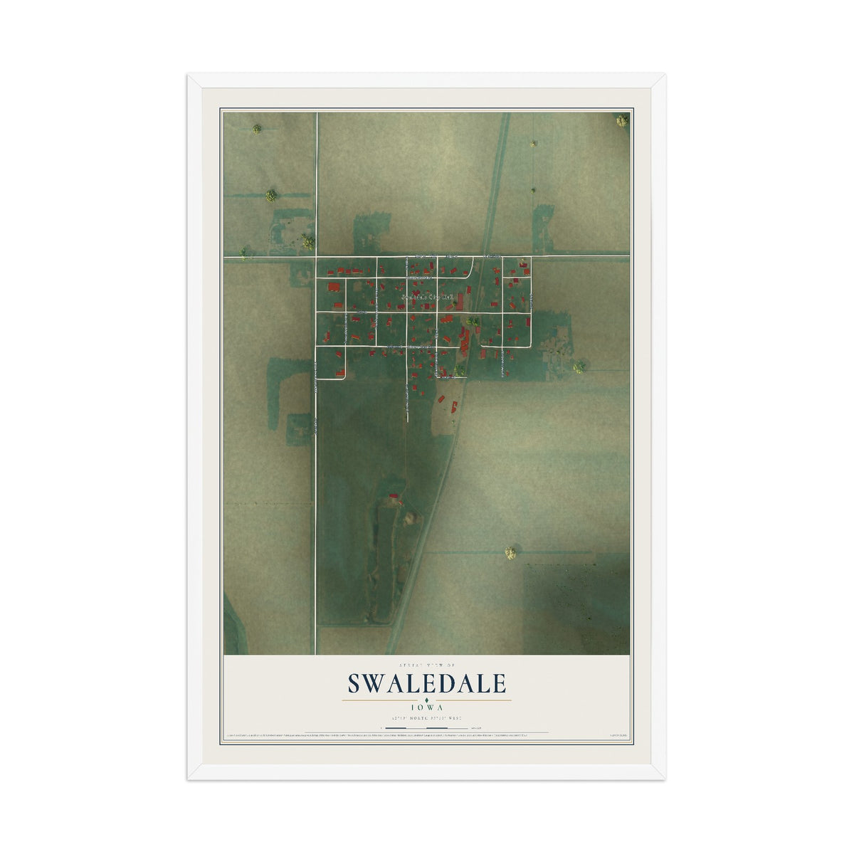 Map of Swaledale, Iowa, 12 x 18 inch print in a white wood frame