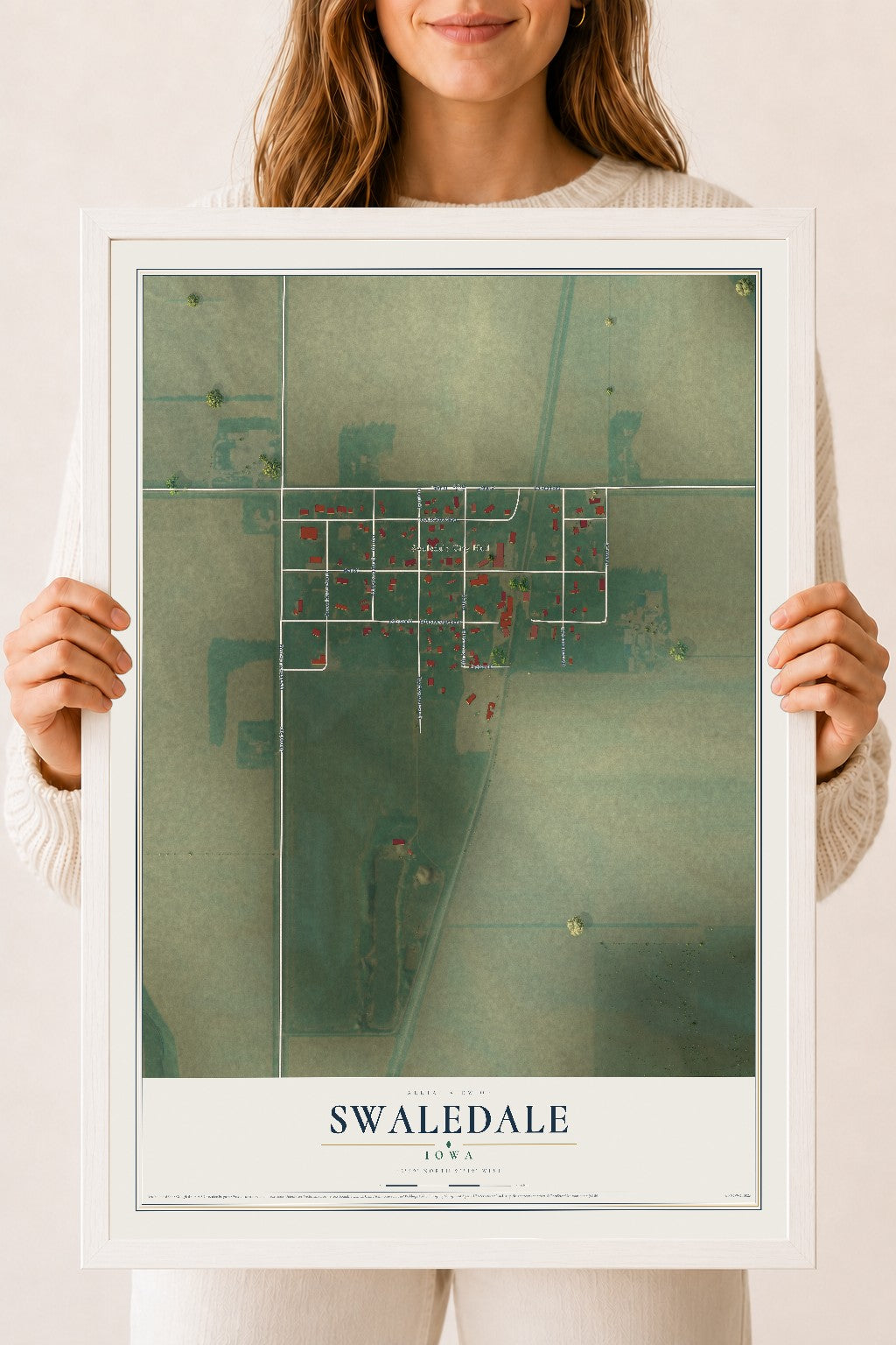 Map of Swaledale, Iowa, 18 x 24 inch print in a white wood frame