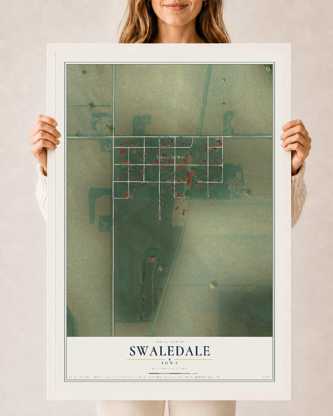 Map of Swaledale, Iowa, 24 x 36 inch print in a white wood frame