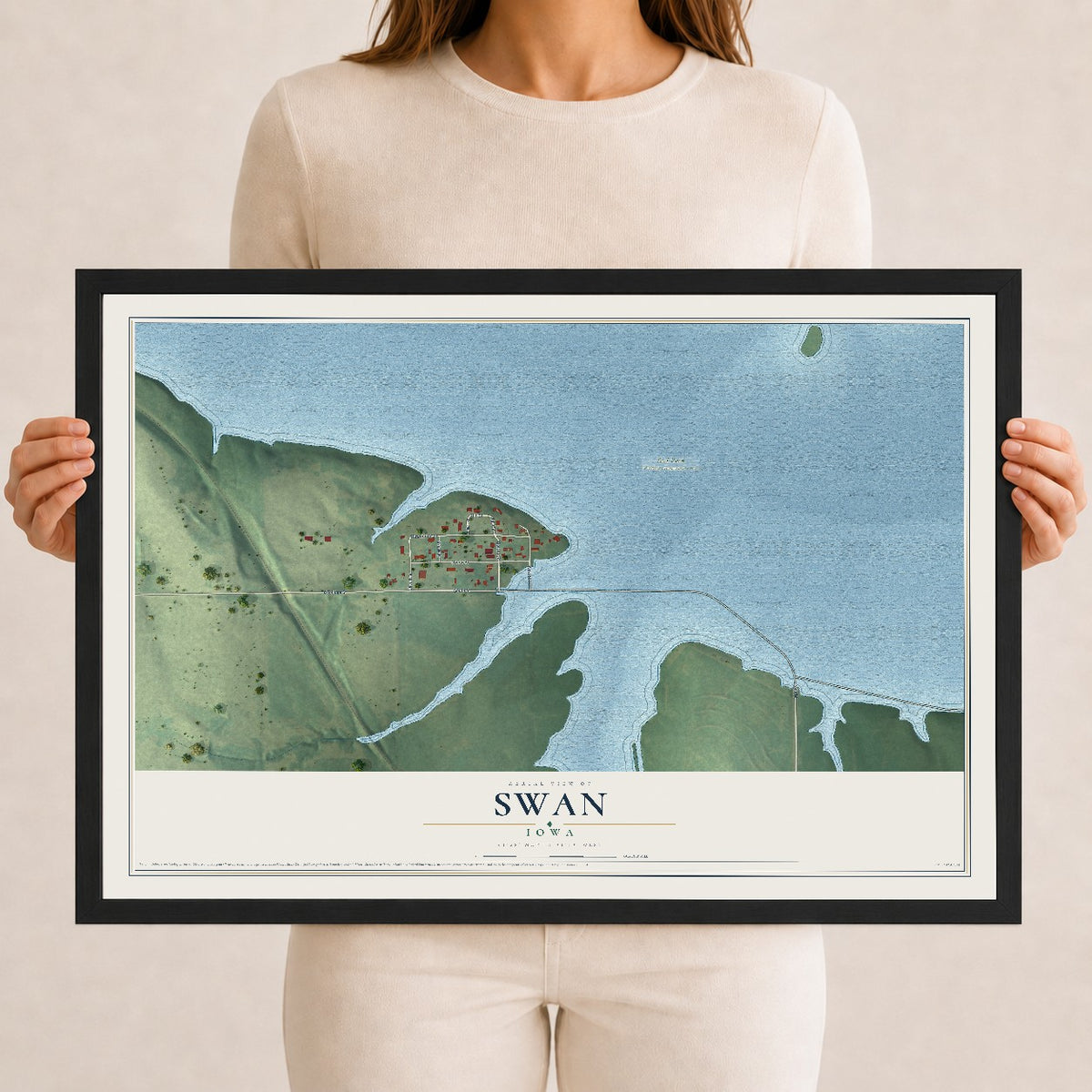 Map of Swan, Iowa, 12 x 18 inch print in a black wood frame