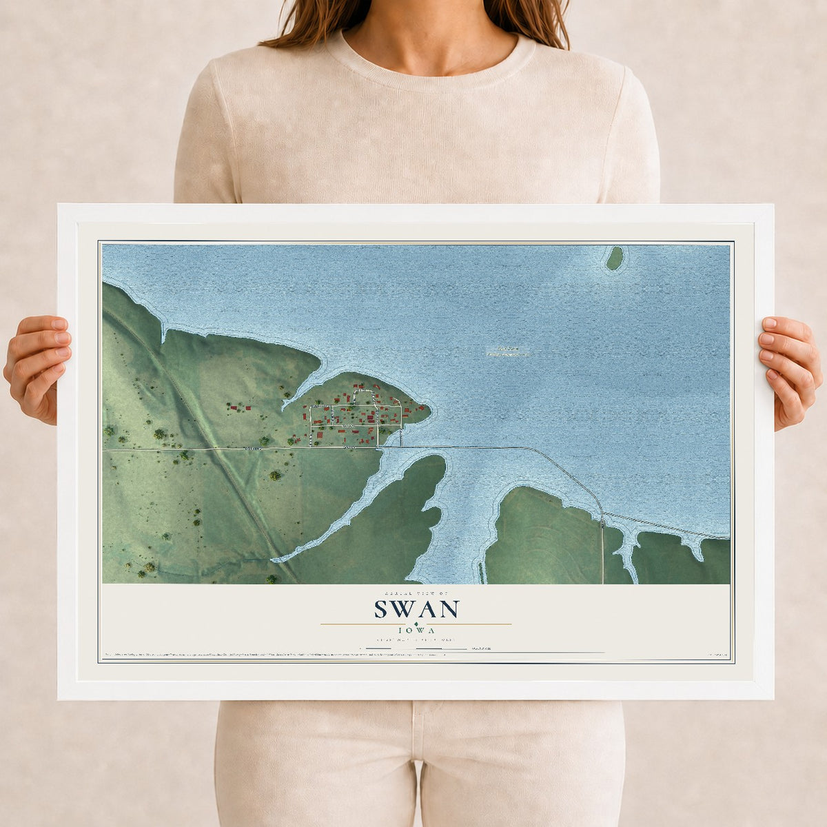 Map of Swan, Iowa, 12 x 18 inch print in a white wood frame