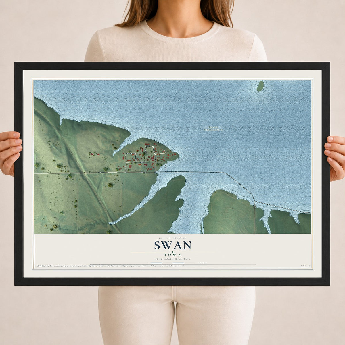Map of Swan, Iowa, 18 x 24 inch print in a black wood frame