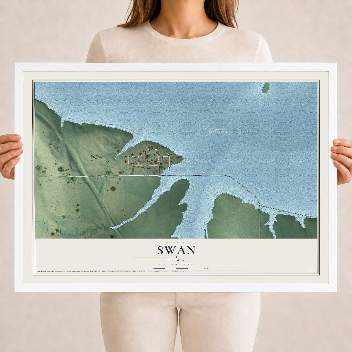Map of Swan, Iowa, 18 x 24 inch print in a white wood frame