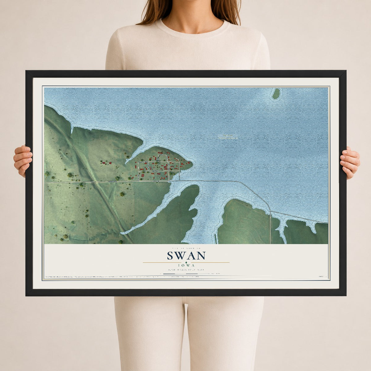 Map of Swan, Iowa, 24 x 36 inch print in a black wood frame