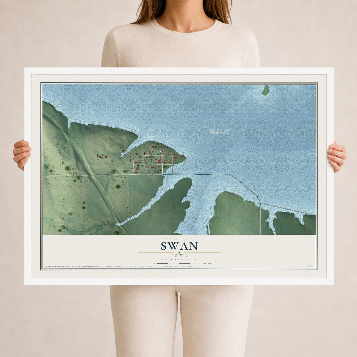 Map of Swan, Iowa, 24 x 36 inch print in a white wood frame