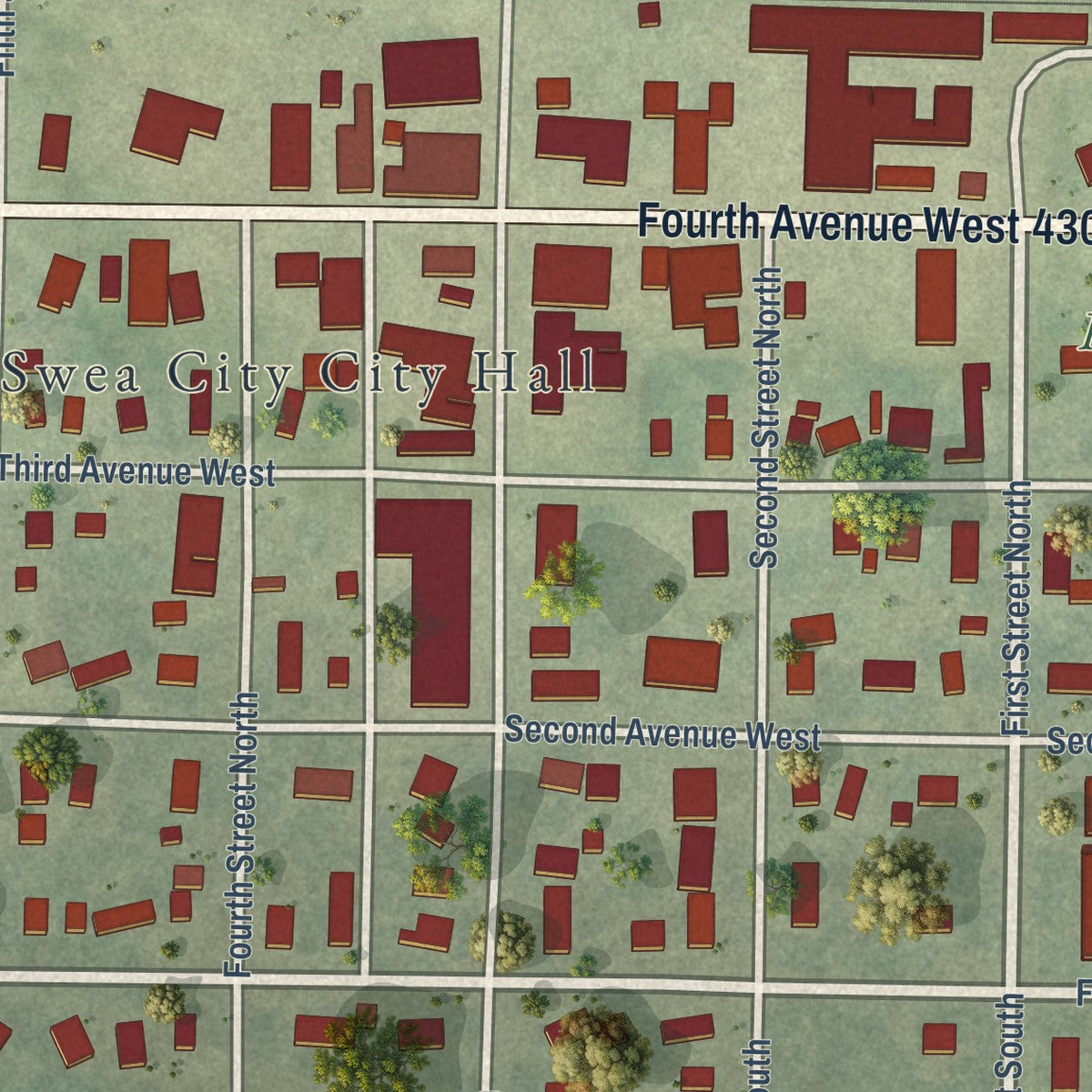 Close-up of the map of Swea City, Iowa print showing street and building detail