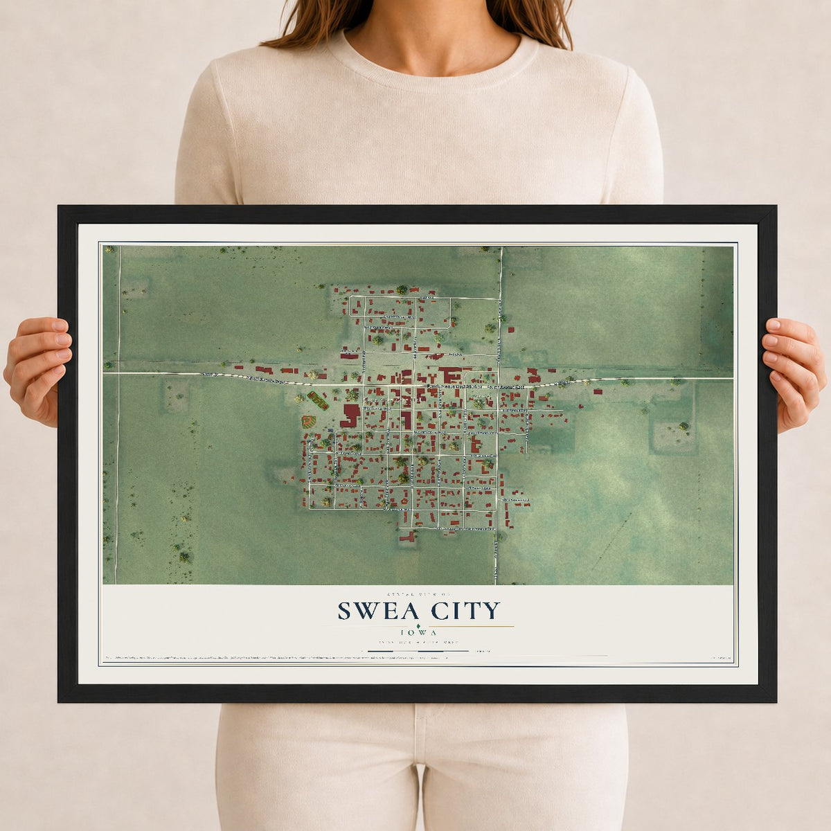 Map of Swea City, Iowa, 12 x 18 inch print in a black wood frame