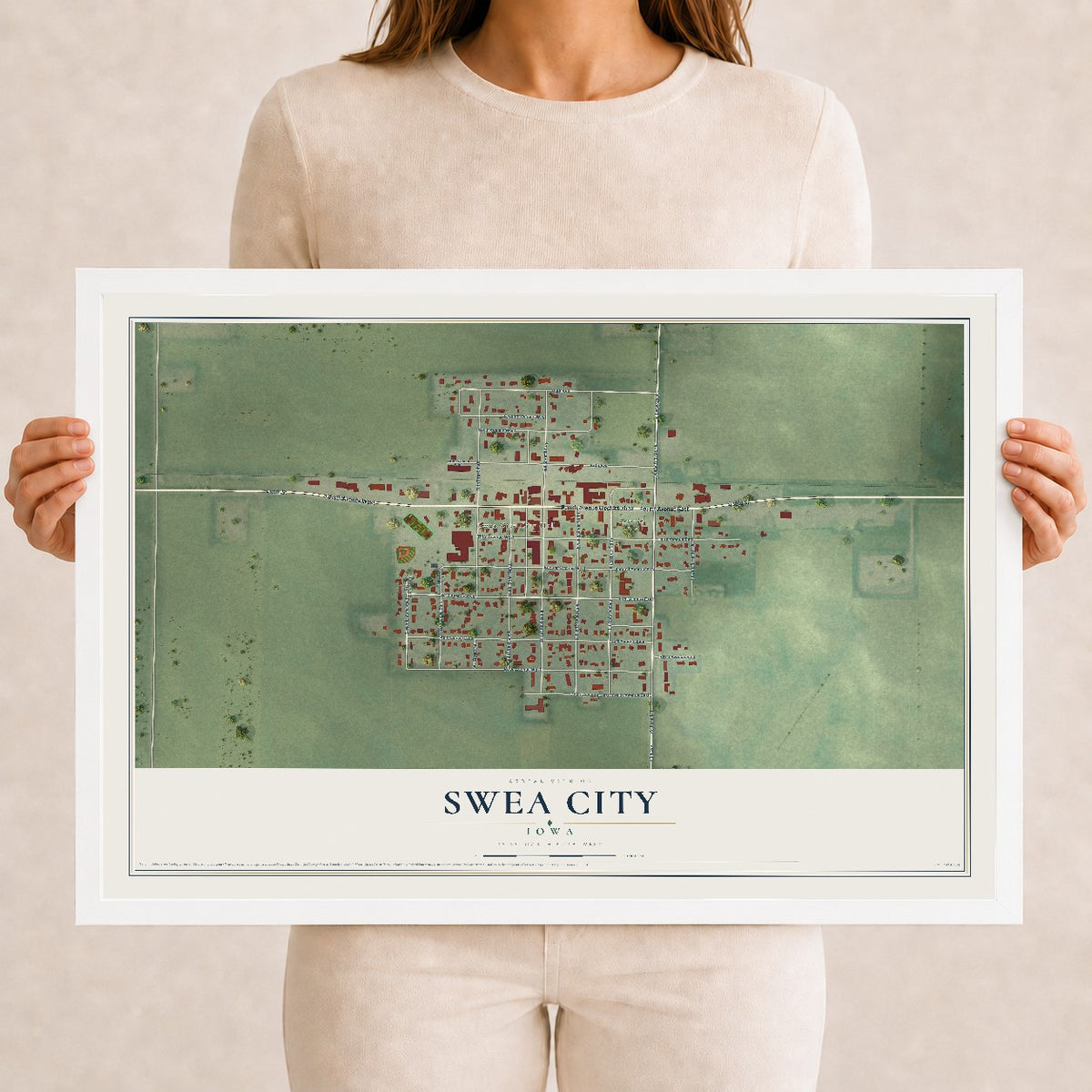Map of Swea City, Iowa, 12 x 18 inch print in a white wood frame