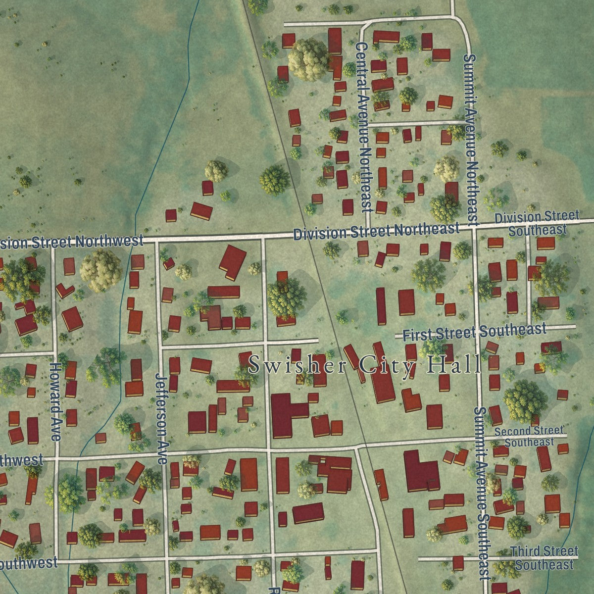 Close-up of the map of Swisher, Iowa print showing street and building detail