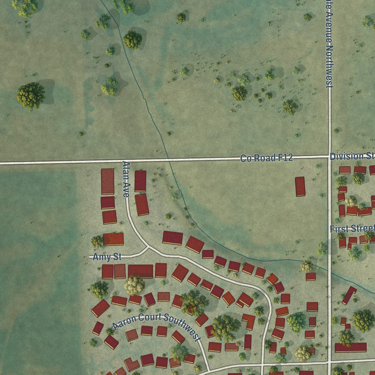Second close-up of the map of Swisher, Iowa print showing more streets and buildings