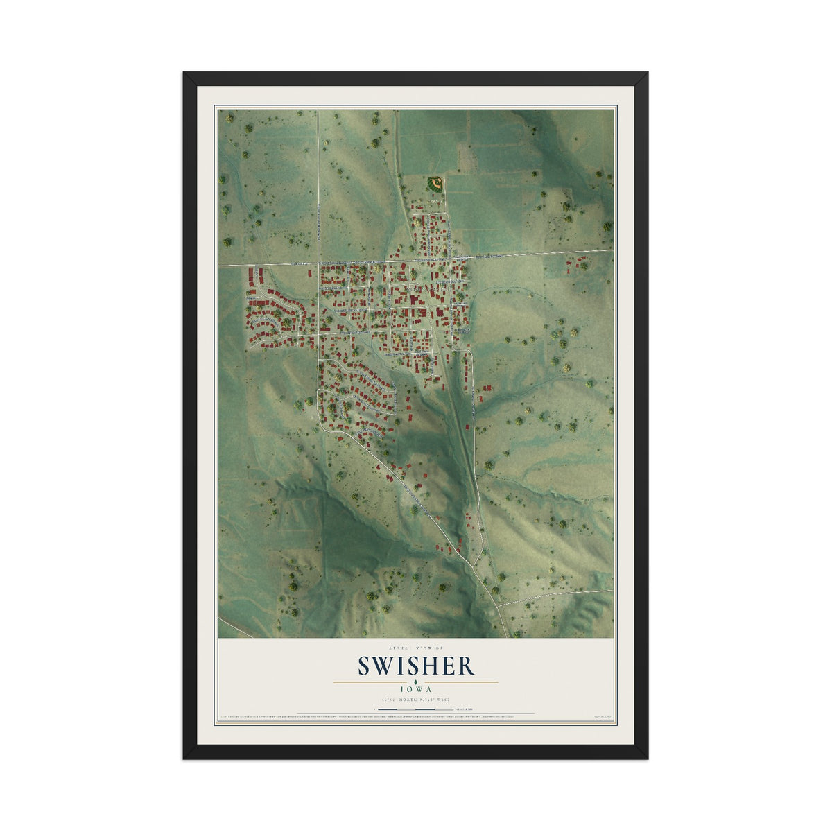 Map of Swisher, Iowa, 12 x 18 inch print in a black wood frame
