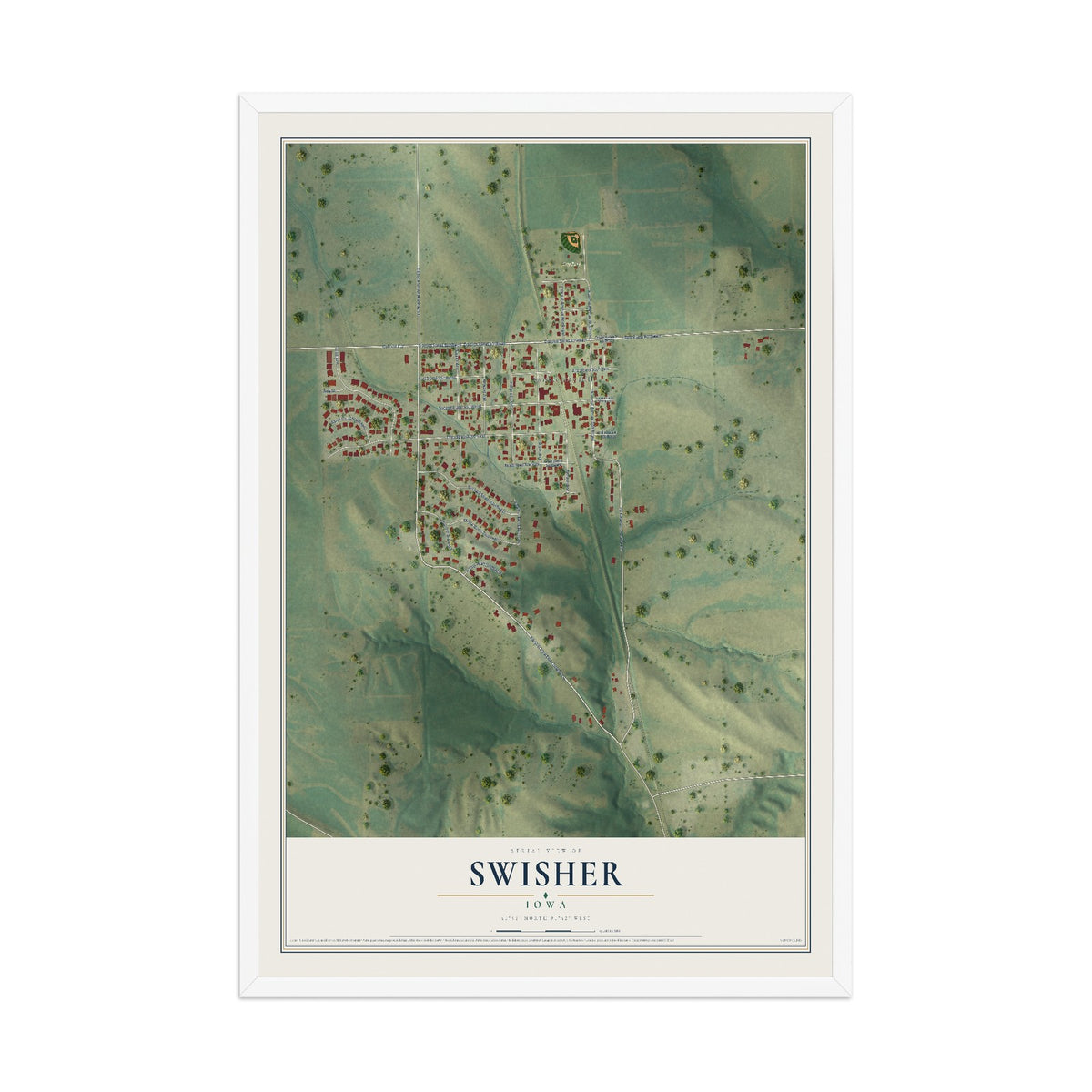 Map of Swisher, Iowa, 12 x 18 inch print in a white wood frame