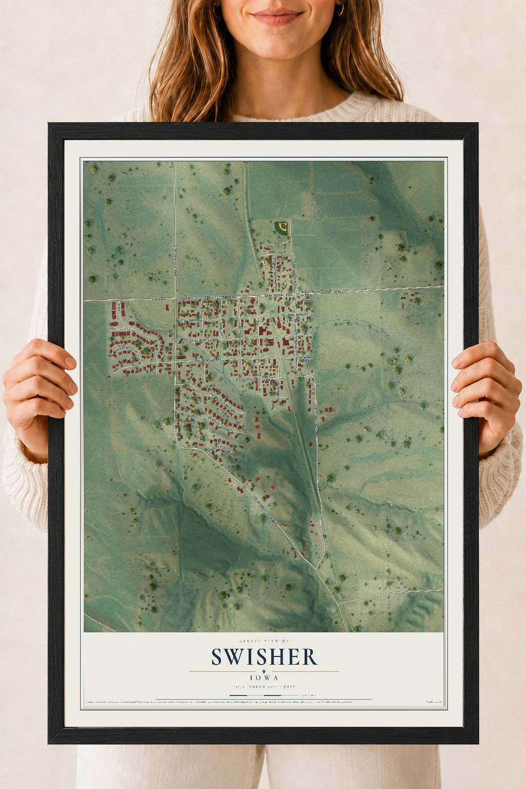 Map of Swisher, Iowa, 18 x 24 inch print in a black wood frame