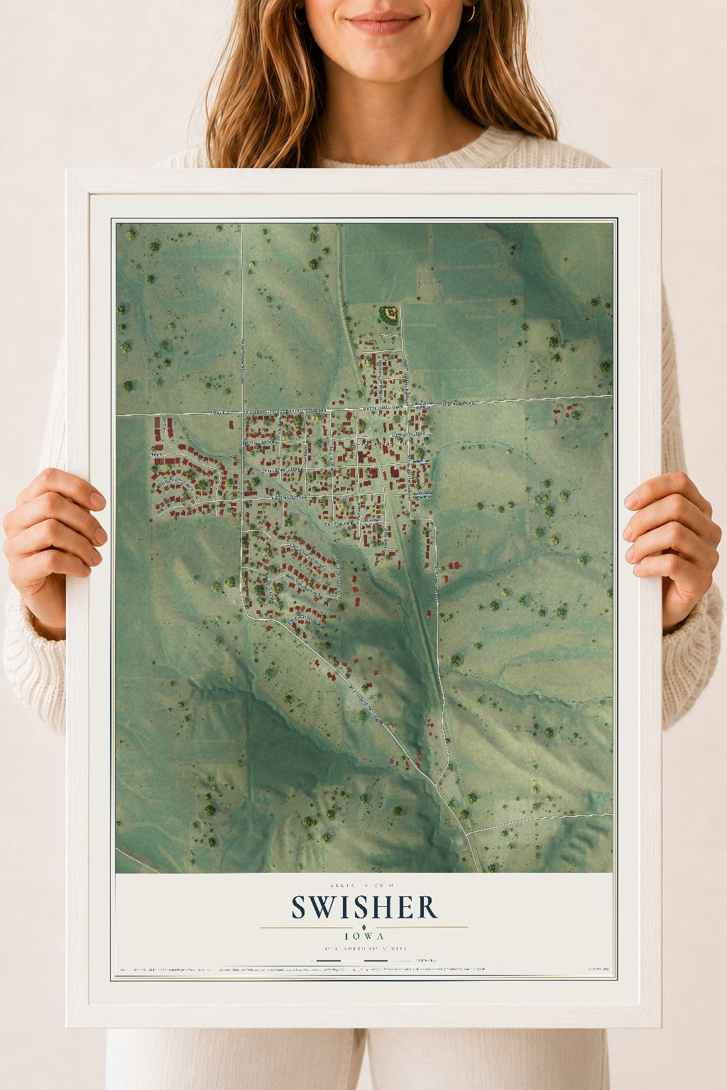 Map of Swisher, Iowa, 18 x 24 inch print in a white wood frame
