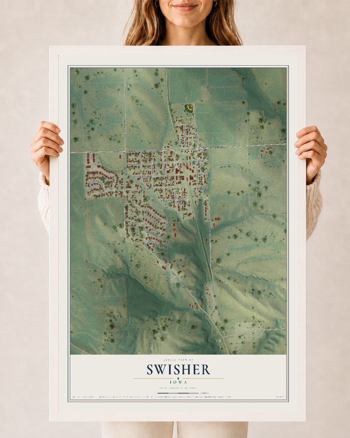 Map of Swisher, Iowa, 24 x 36 inch print in a white wood frame