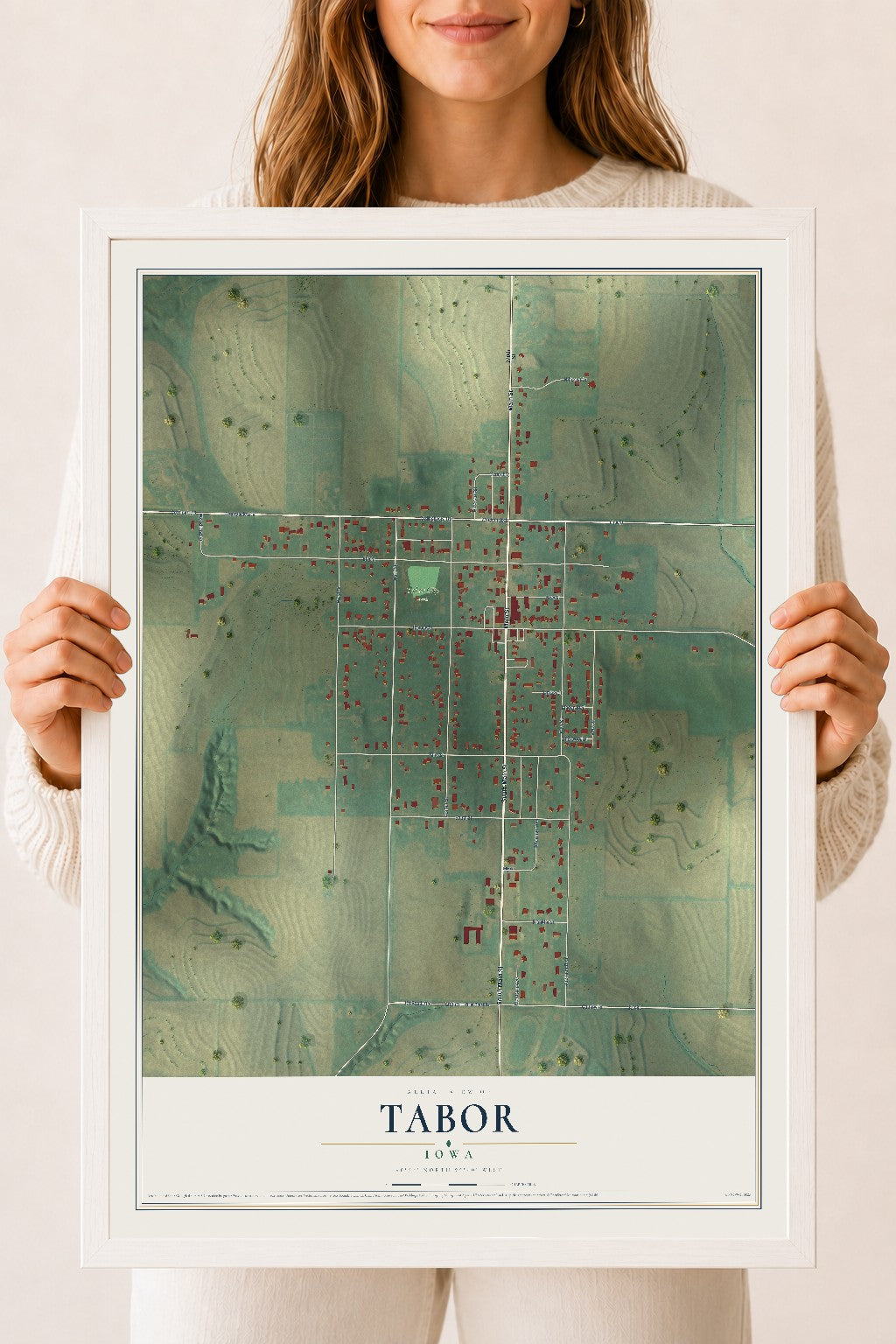 Map of Tabor, Iowa, 18 x 24 inch print in a white wood frame