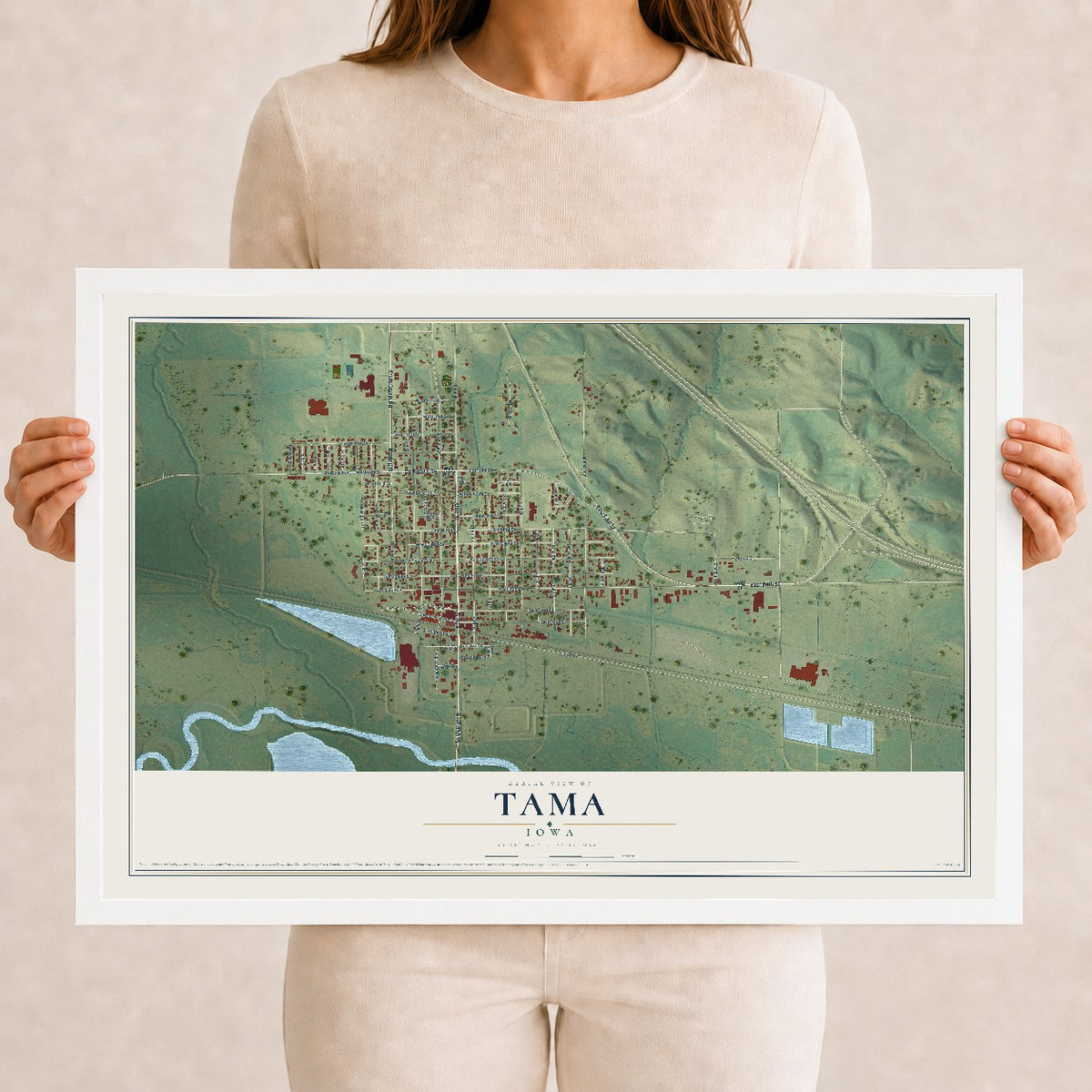 Map of Tama, Iowa, 12 x 18 inch print in a white wood frame