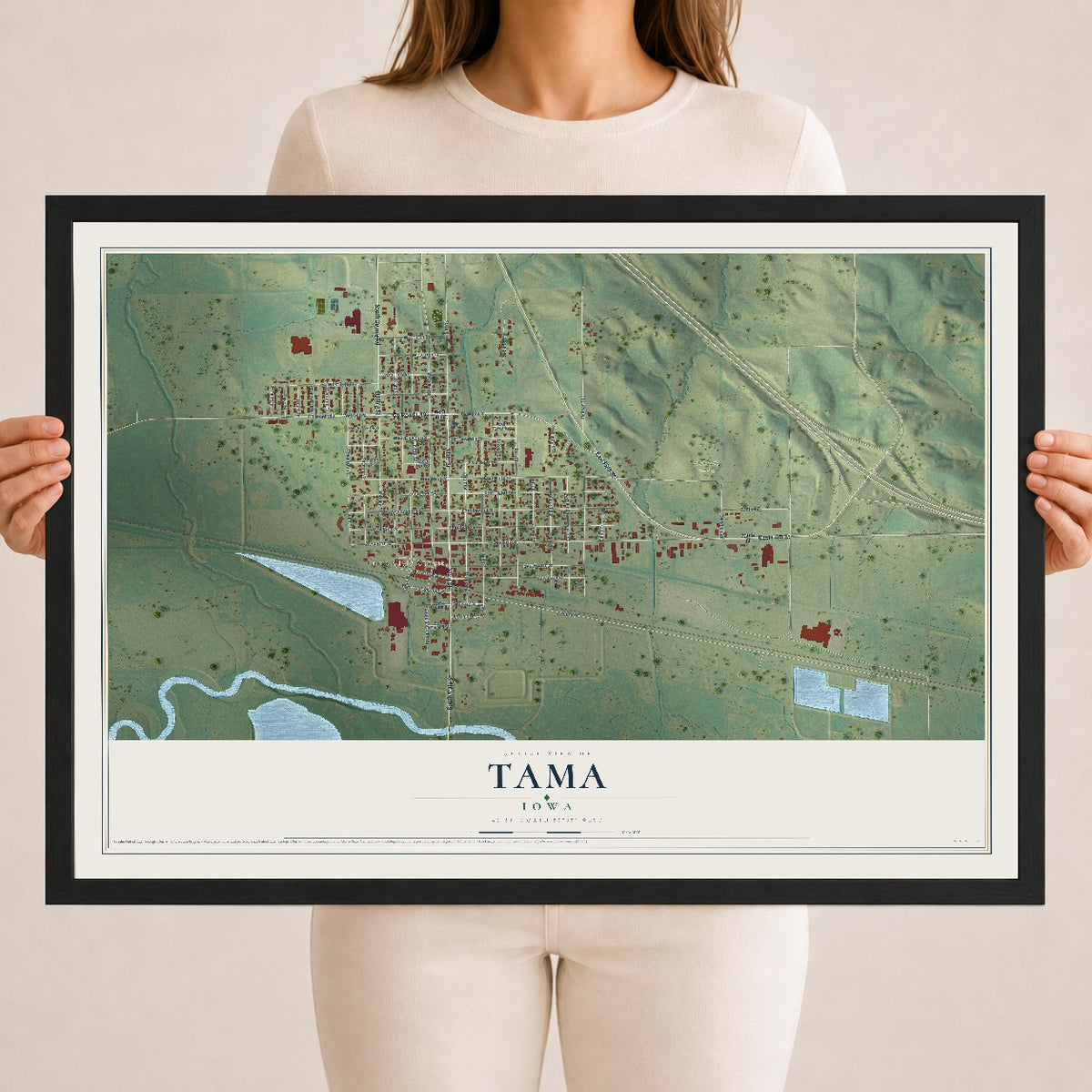 Map of Tama, Iowa, 18 x 24 inch print in a black wood frame