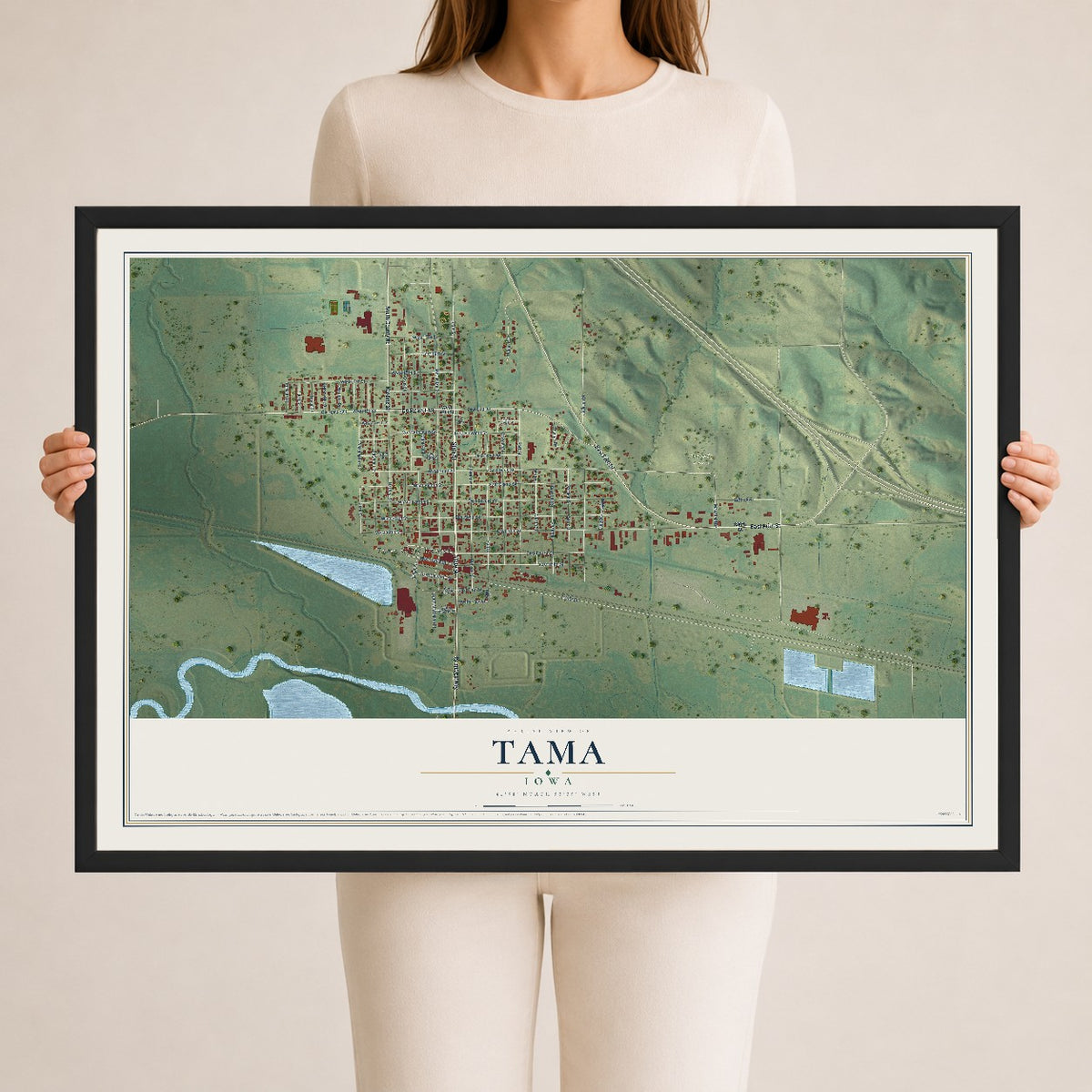 Map of Tama, Iowa, 24 x 36 inch print in a black wood frame