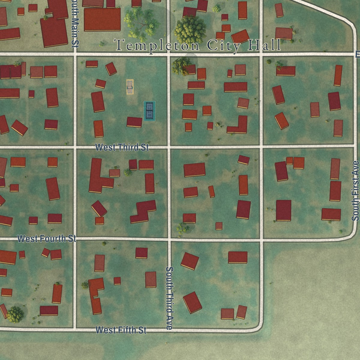 Close-up of the map of Templeton, Iowa print showing street and building detail
