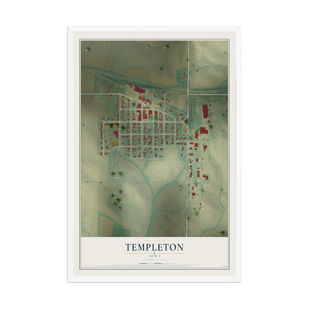 Map of Templeton, Iowa, 12 x 18 inch print in a white wood frame