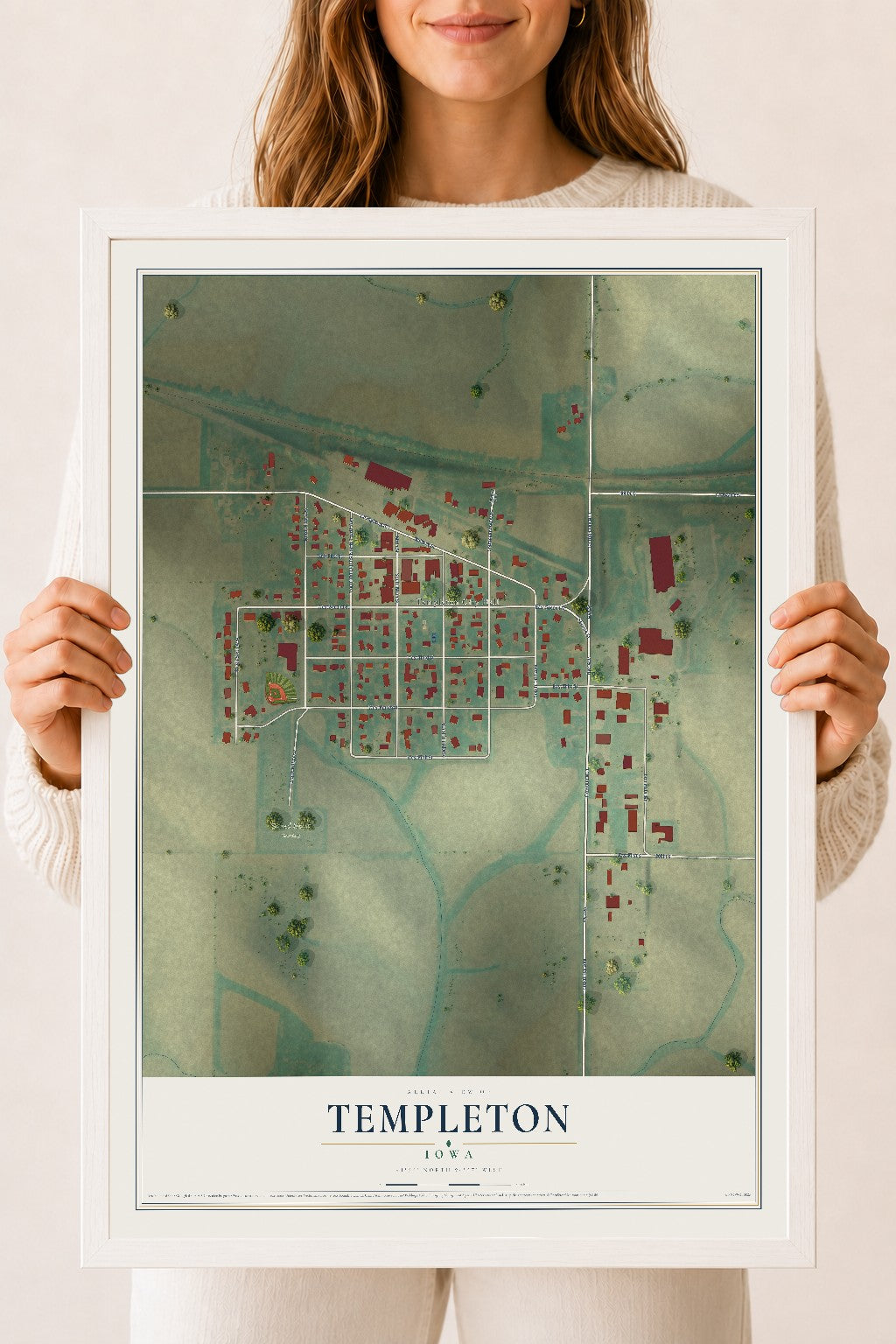 Map of Templeton, Iowa, 18 x 24 inch print in a white wood frame