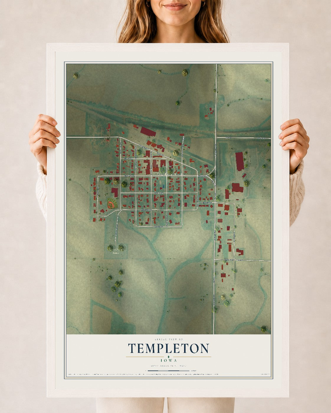 Map of Templeton, Iowa, 24 x 36 inch print in a white wood frame