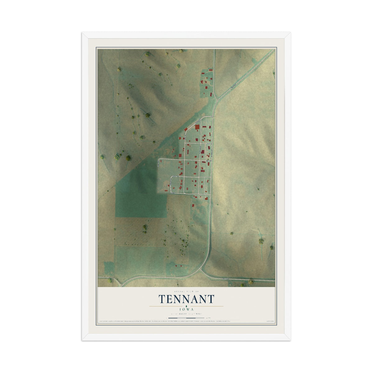 Map of Tennant, Iowa, 12 x 18 inch print in a white wood frame