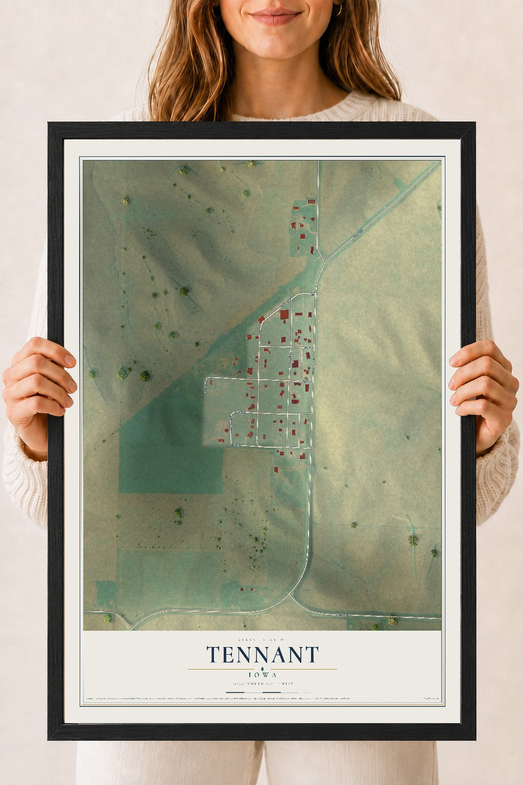 Map of Tennant, Iowa, 18 x 24 inch print in a black wood frame