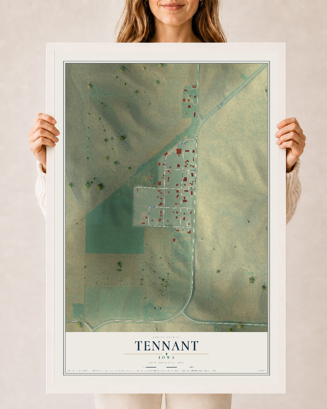 Map of Tennant, Iowa, 24 x 36 inch print in a white wood frame