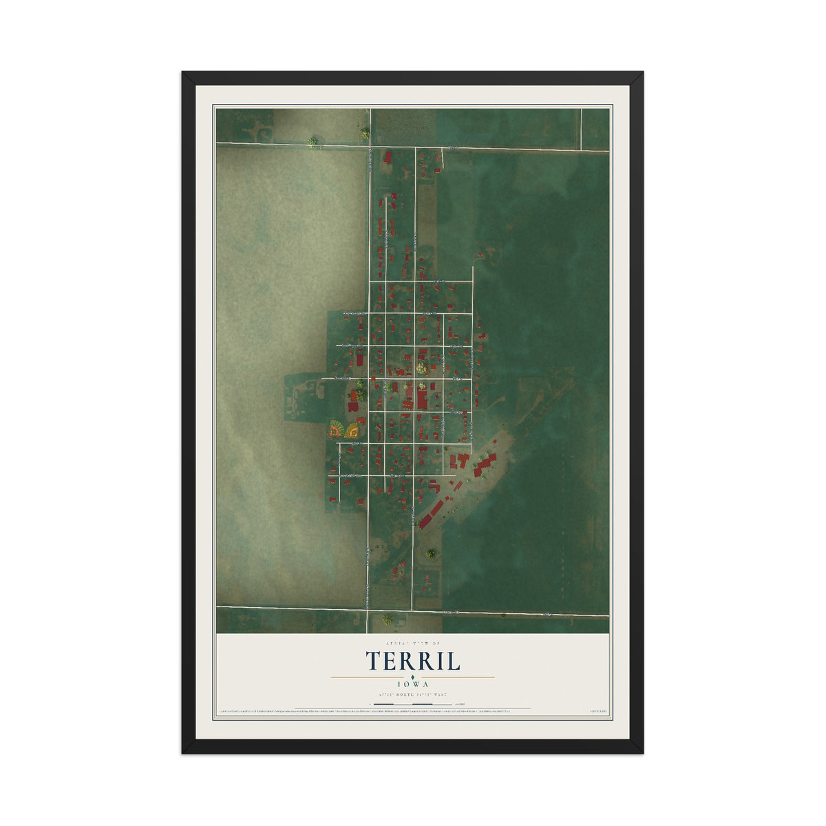 Map of Terril, Iowa, 12 x 18 inch print in a black wood frame