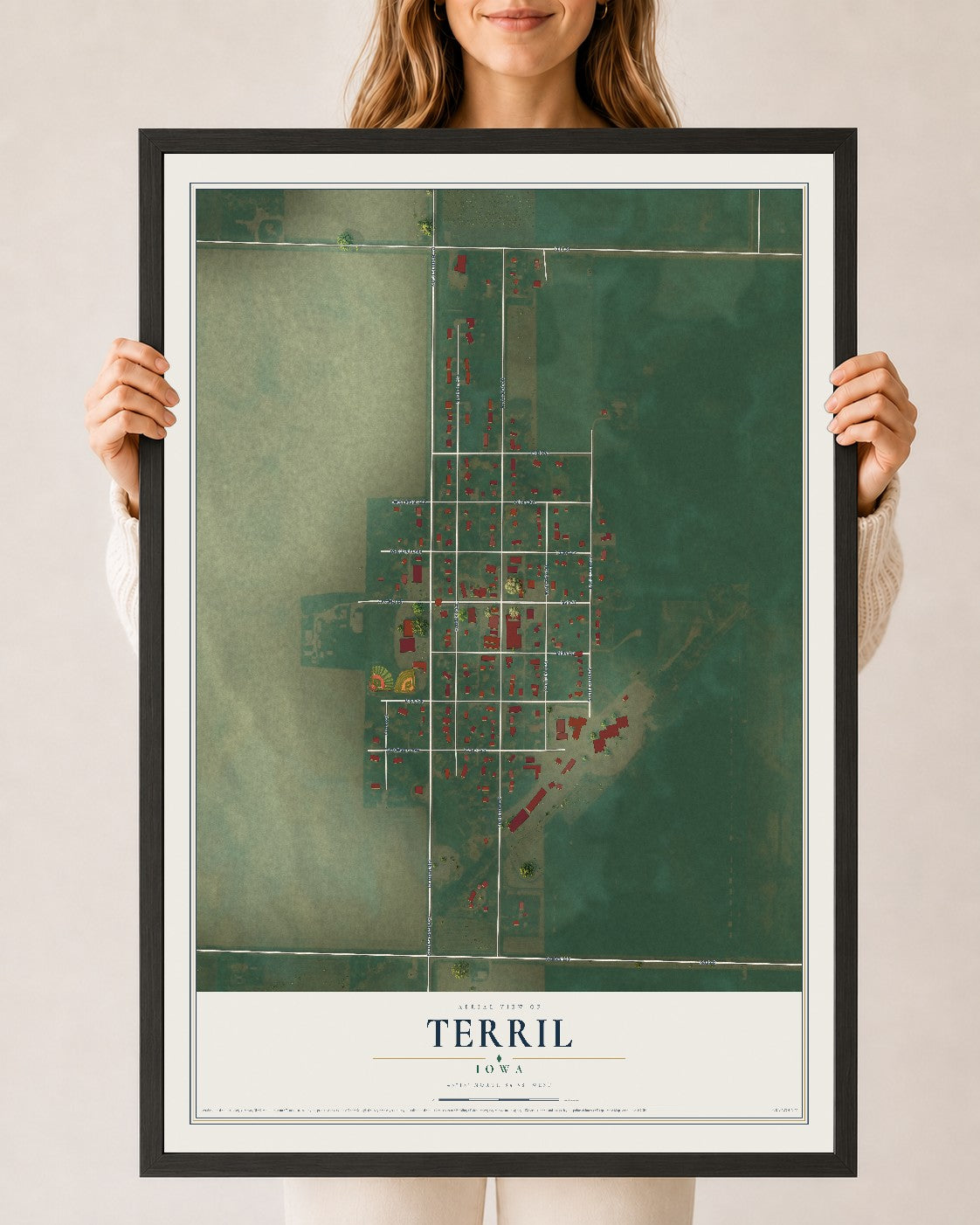 Map of Terril, Iowa, 24 x 36 inch print in a black wood frame