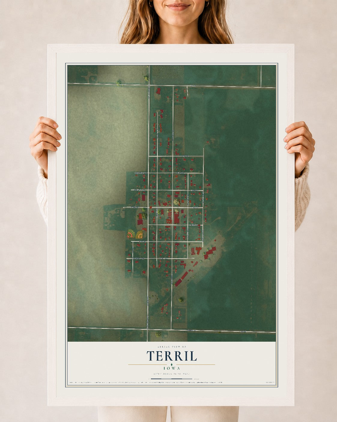 Map of Terril, Iowa, 24 x 36 inch print in a white wood frame