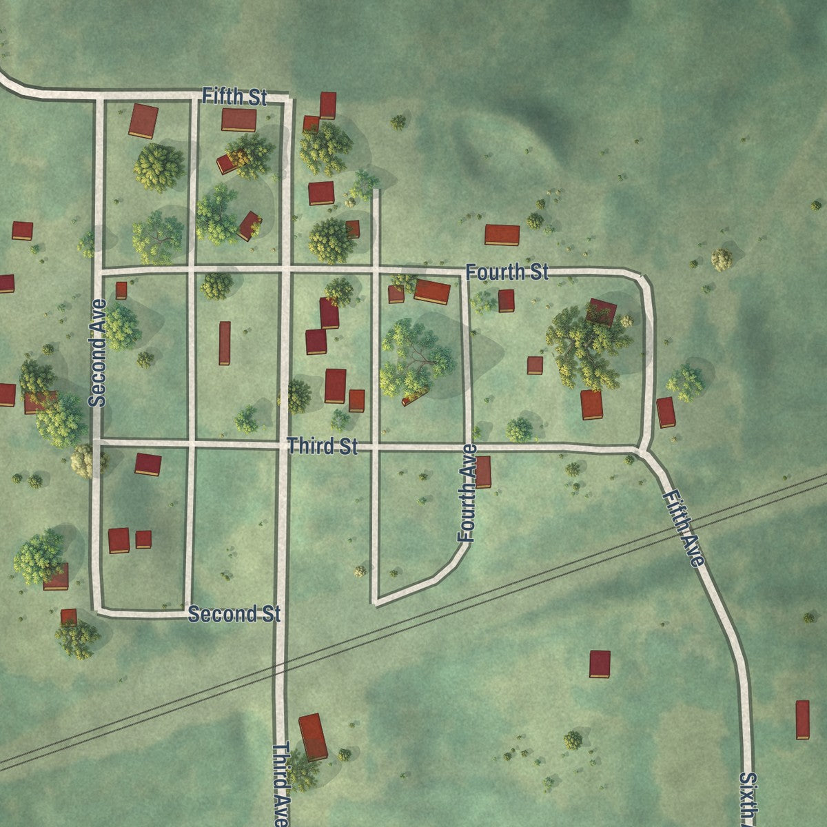 Close-up of the map of Thayer, Iowa print showing street and building detail
