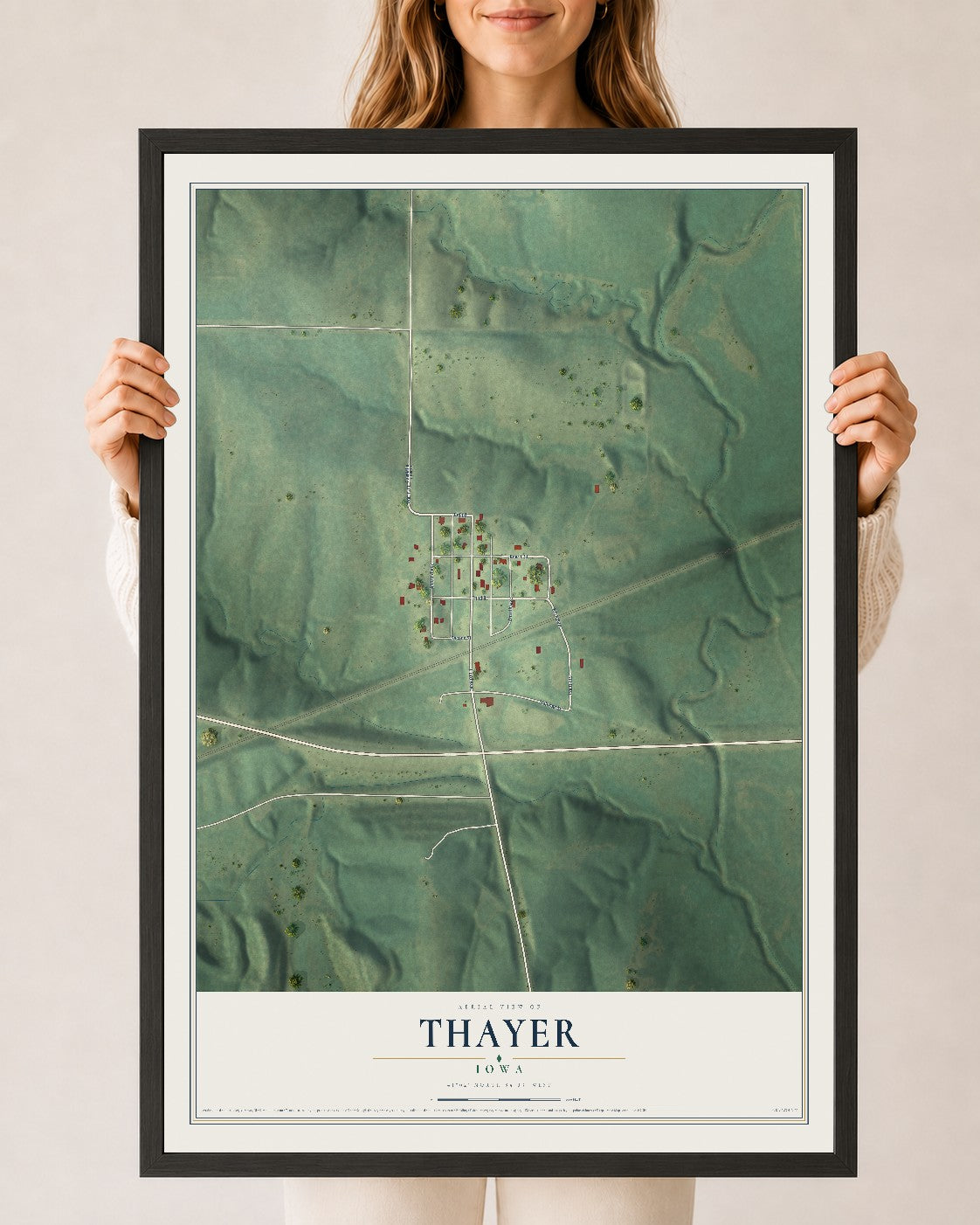 Map of Thayer, Iowa, 24 x 36 inch print in a black wood frame
