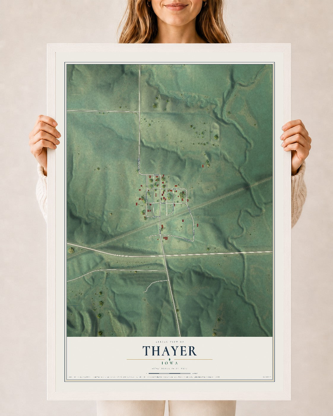 Map of Thayer, Iowa, 24 x 36 inch print in a white wood frame