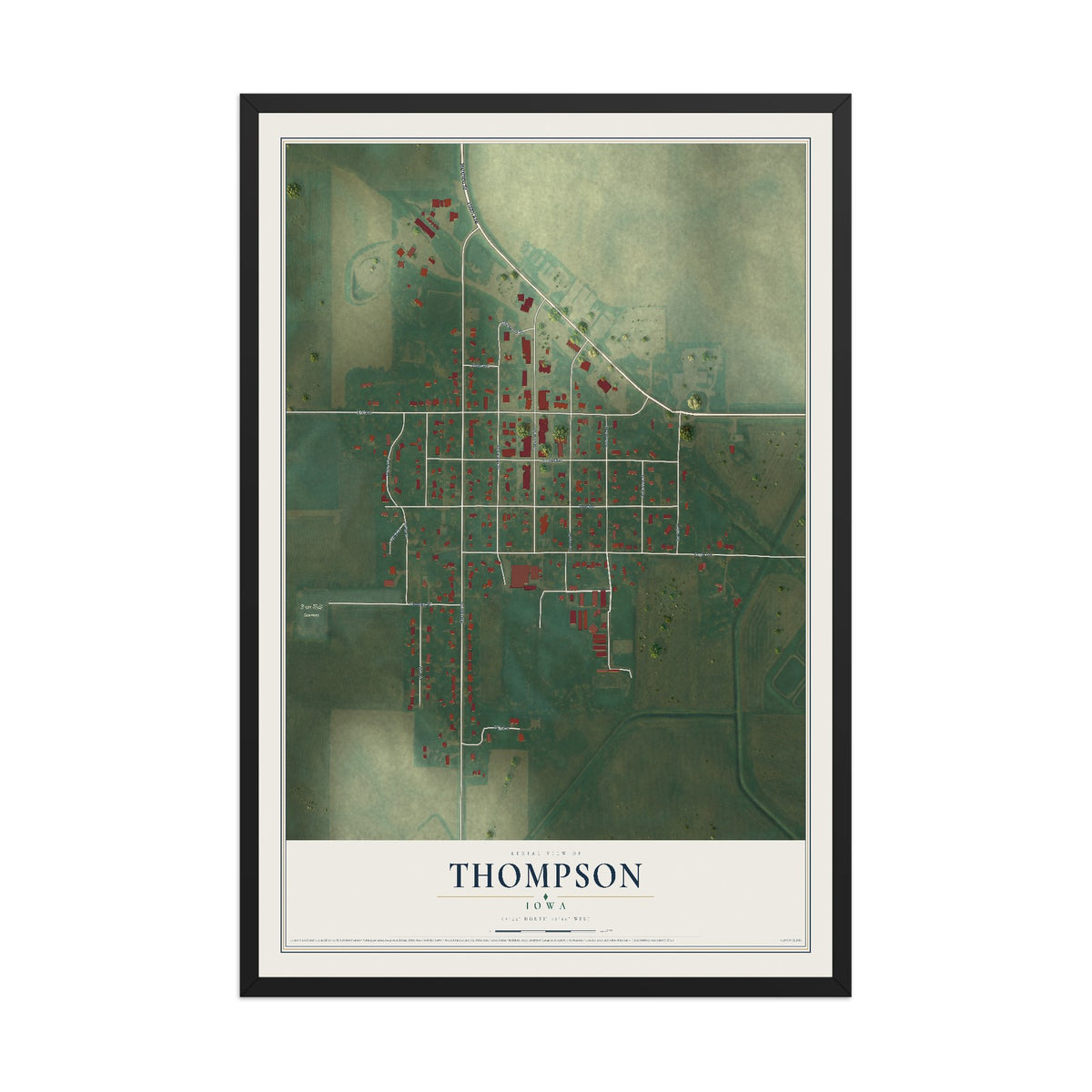 Map of Thompson, Iowa, 12 x 18 inch print in a black wood frame