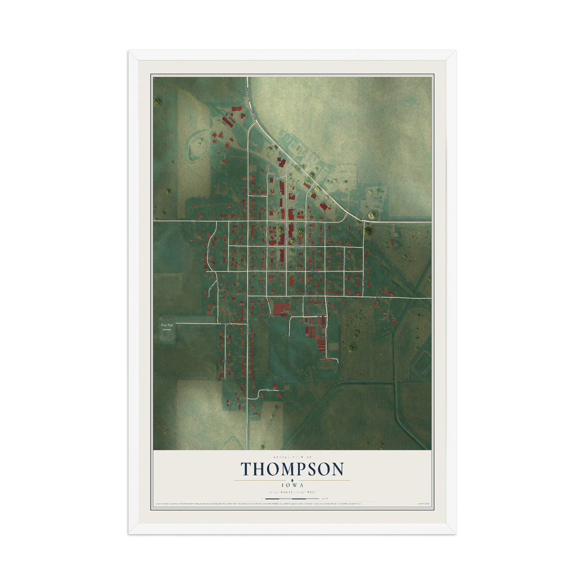 Map of Thompson, Iowa, 12 x 18 inch print in a white wood frame