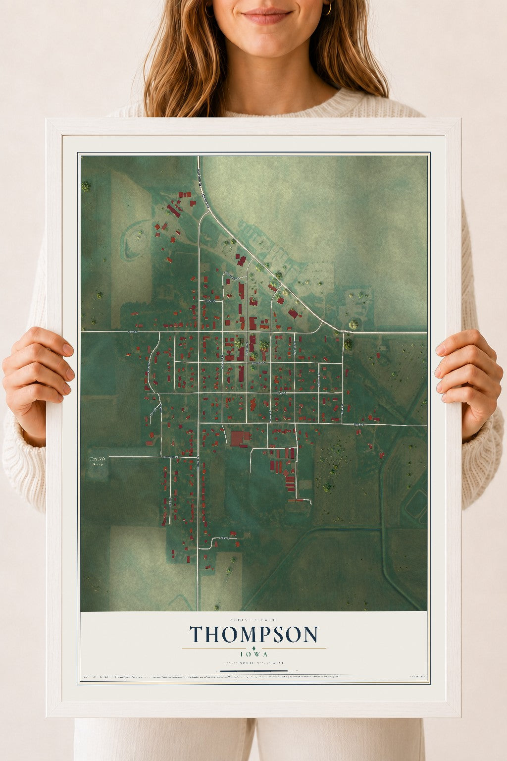 Map of Thompson, Iowa, 18 x 24 inch print in a white wood frame
