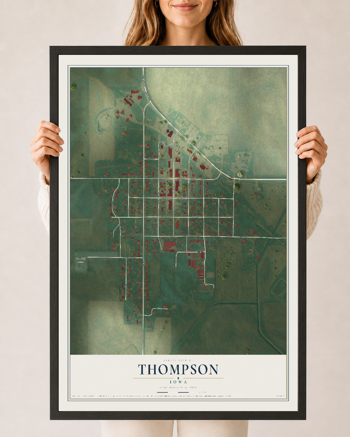 Map of Thompson, Iowa, 24 x 36 inch print in a black wood frame