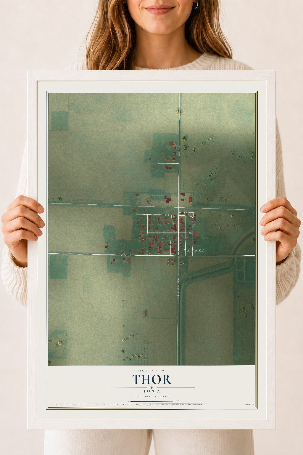 Map of Thor, Iowa, 18 x 24 inch print in a white wood frame