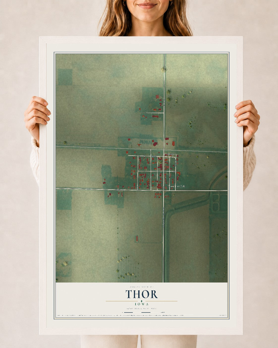 Map of Thor, Iowa, 24 x 36 inch print in a white wood frame