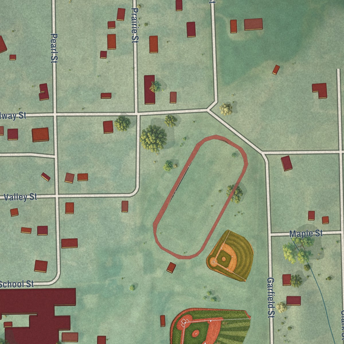 Close-up of the map of Thornburg, Iowa print showing street and building detail
