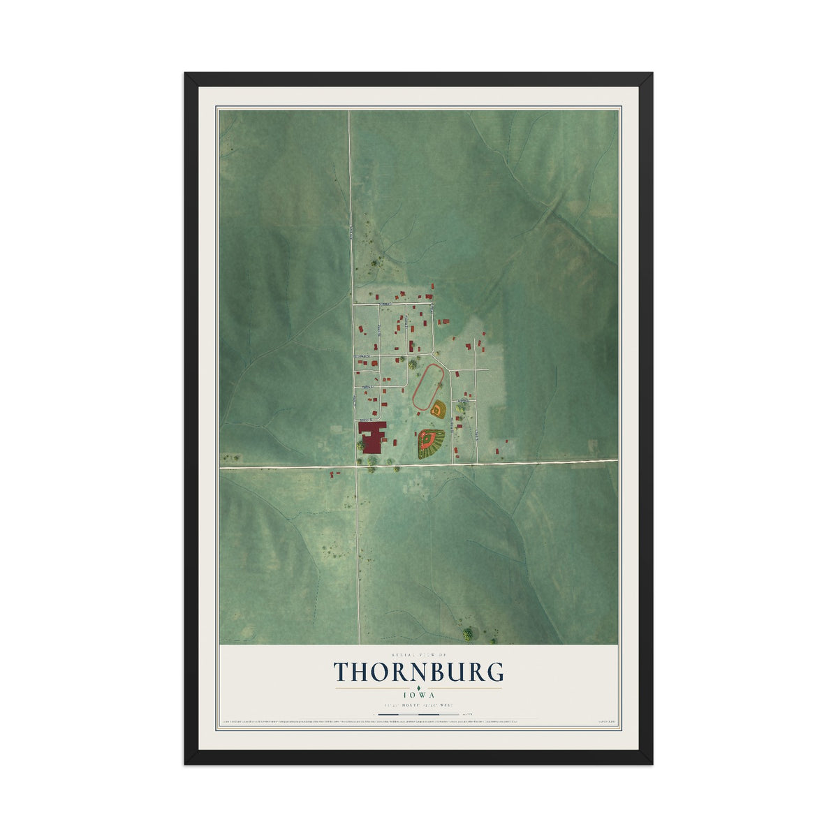 Map of Thornburg, Iowa, 12 x 18 inch print in a black wood frame