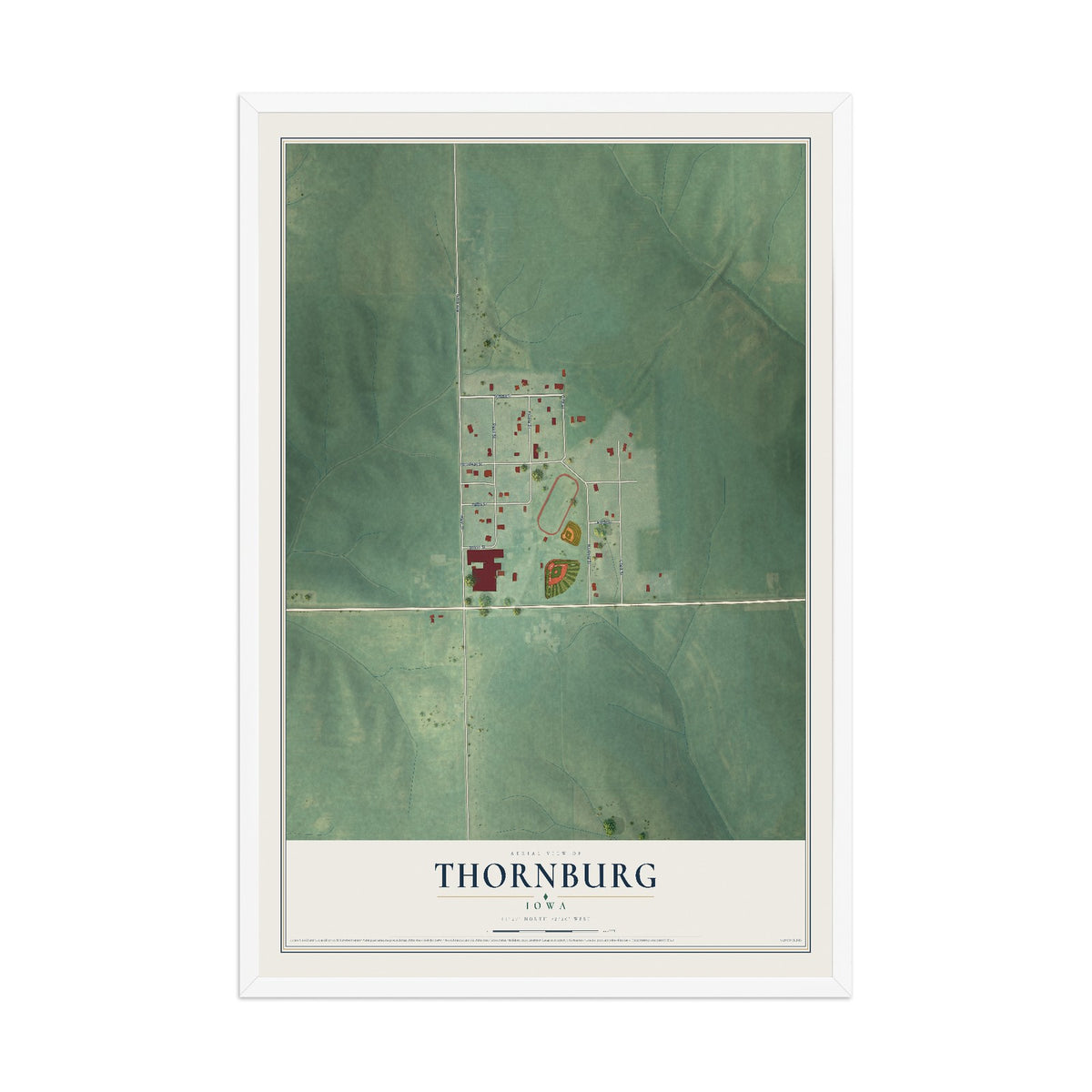 Map of Thornburg, Iowa, 12 x 18 inch print in a white wood frame