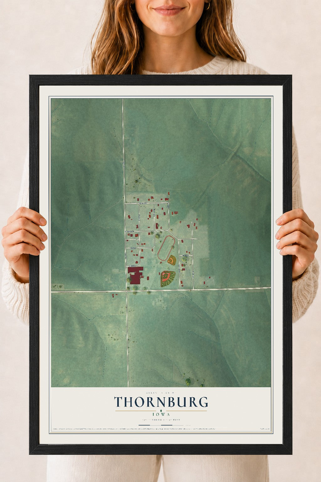 Map of Thornburg, Iowa, 18 x 24 inch print in a black wood frame