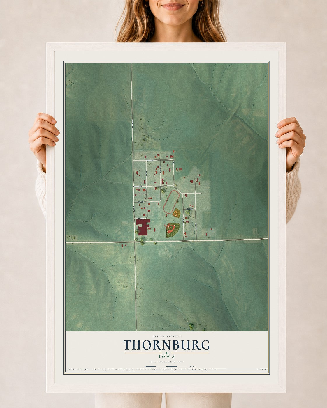 Map of Thornburg, Iowa, 24 x 36 inch print in a white wood frame