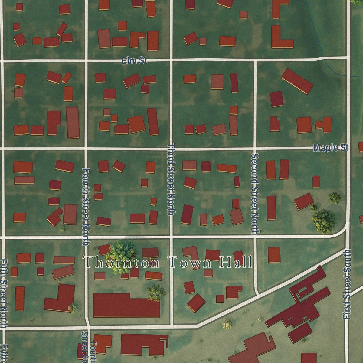 Close-up of the map of Thornton, Iowa print showing street and building detail