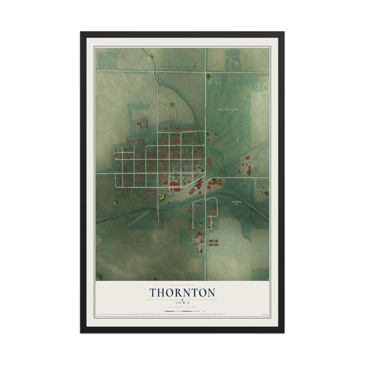 Map of Thornton, Iowa, 12 x 18 inch print in a black wood frame