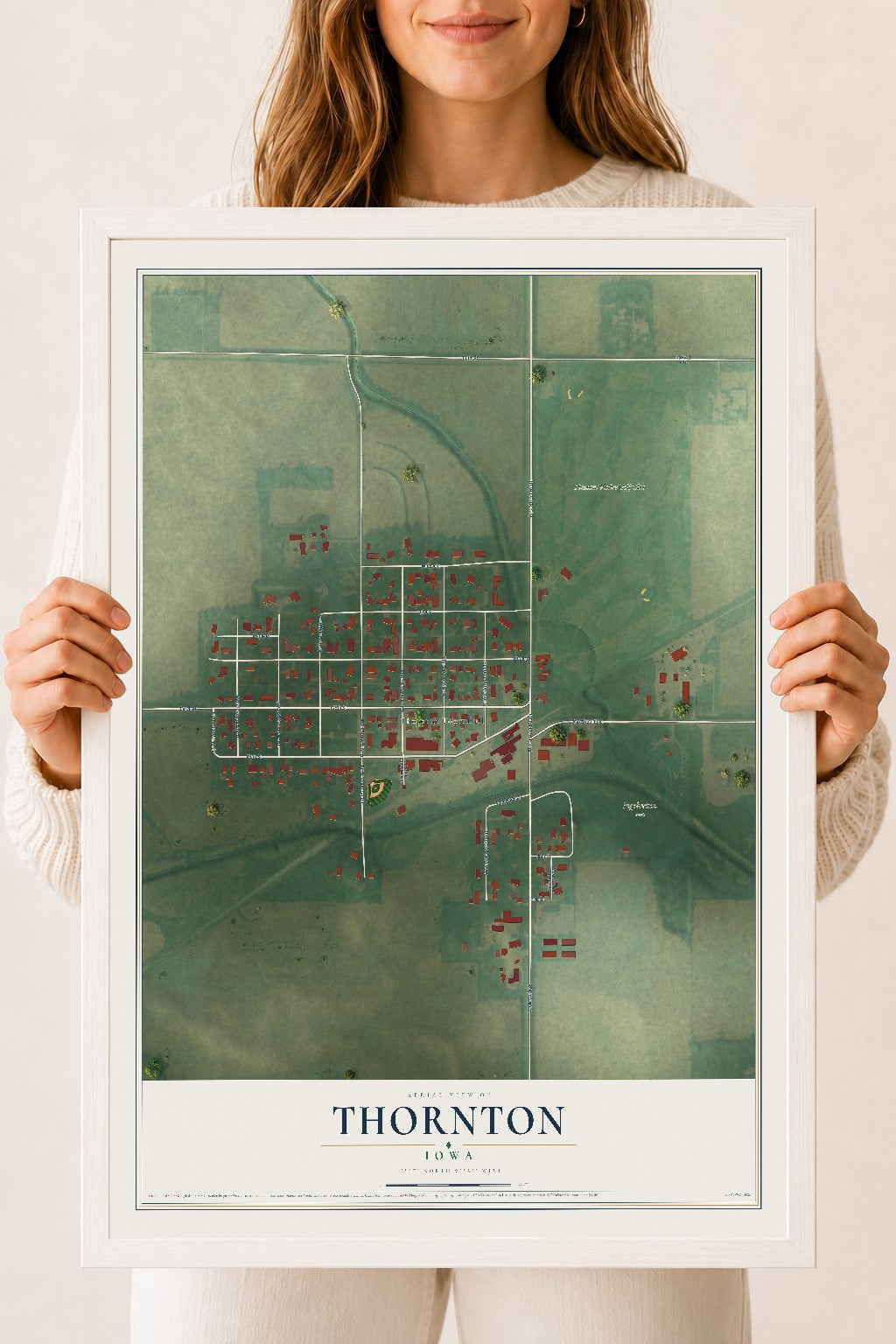 Map of Thornton, Iowa, 18 x 24 inch print in a white wood frame